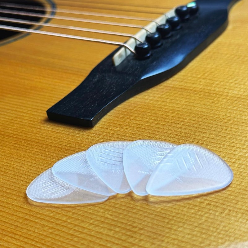 Wingo Guitar Picks with Grip Stamped, Non Slip Picks 5 Pack (073, 088, 1.0, 1.25, 1.5mm) for Acoustic Electric Guitar Bass- Clear Color. - Image 3